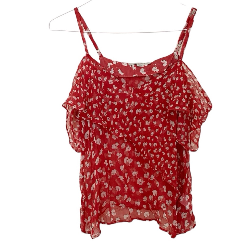 AllSaints Savine Scatter Top Red Floral Ruffle Sleeveless Shirt Size 4 B… - Picture 2 of 8